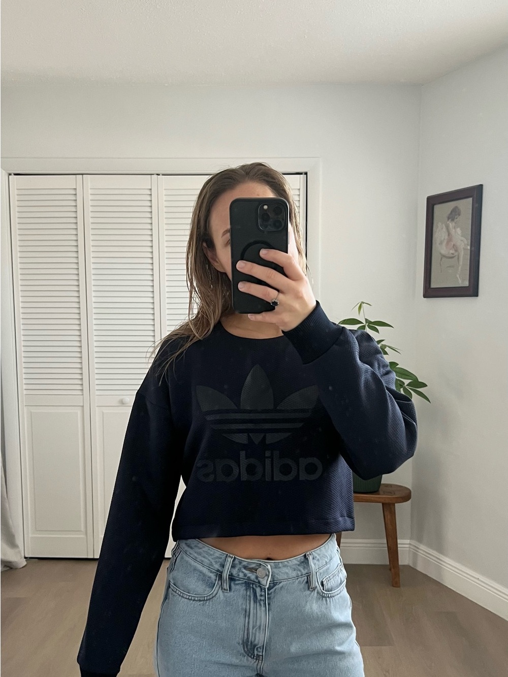 adidas Navy Black Cropped Trefoil Crewneck Sweatshirt